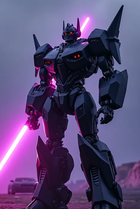 transformer robot, carbon fiber Car, purple backlight, saber, matte black, Car Villain, night lighting