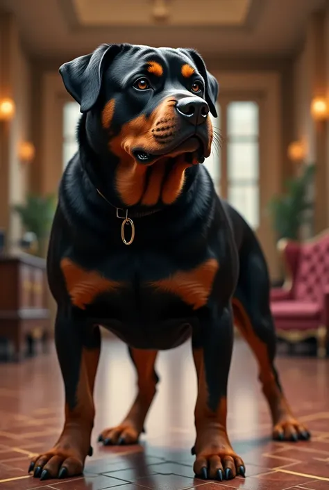 Rottweiler एक big home के अंदर खड़ा है