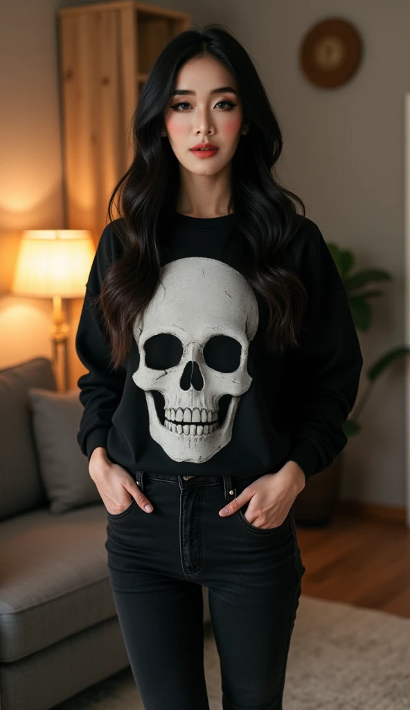  Thai Women,Age 25 years,Good figure,Long hair, Black Long Sleeve Cross Skull T-Shirt, Black Jeans ,Adidas Shoes,She posted a cool ,In the room of the house, 