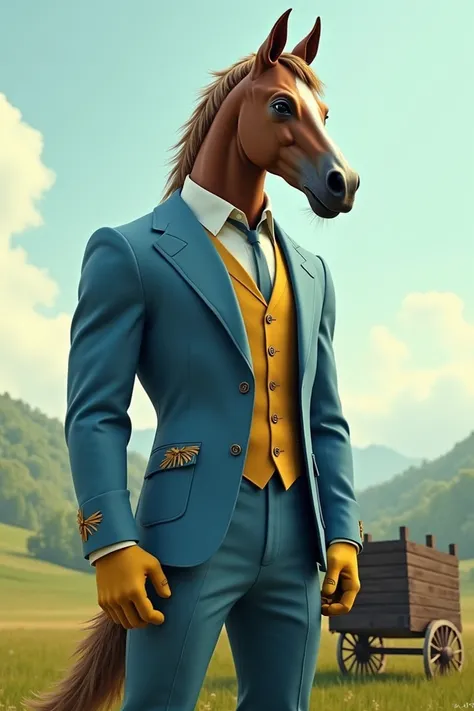 A full-bodied horse with a human body and dressed in a blue suit with light yellow details in the background, a cart in a rural setting.