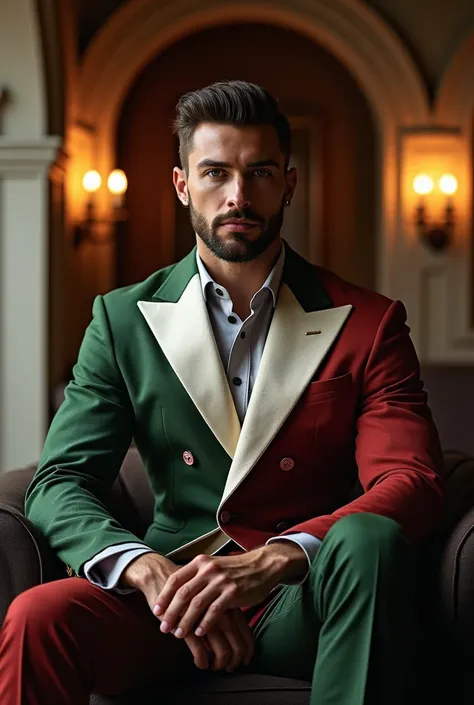 A handsome, elegant man, with a well-built body, with hair cut back and a stylized beard, wears a diamond suit that is half green, white in the center and the other half red. The background is a living room illuminated by half-lit lamps with a Roman arch i...