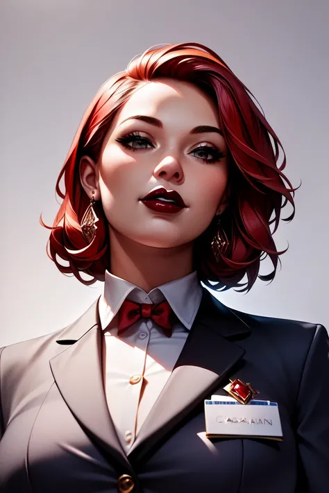 (high-level image quality), (high quality), (high resolution), (detailed), (masterpiece), beautiful young woman, ((caucasian)), red hair, medium bob, dark red lipstick, blank background, business suit, down below, portrait