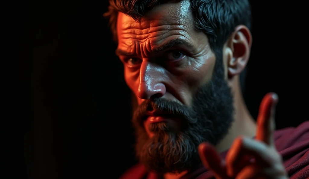 Stoic older man-looking male face, ancient Roman , with quite a beard .  With a look to the right and with a disturbing look full of facial gestures of authority. completely black background,  with a faint red light effect on the back of the character ,  g...