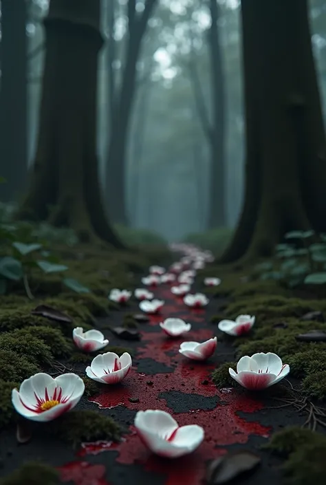 realistic image of a black forest with bloodstained white rose petals on the ground, high quality