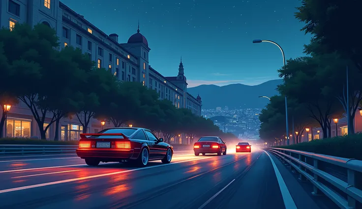 illustration image, flat design, dark theme, best quality, flat colors, night scene, cartoon, anime, city view, European classic buildings, several sedans chasing each other, (AE86, Mazda Rx7, Nissan Skyline) racing, turning, sliding, racing drifting, band...