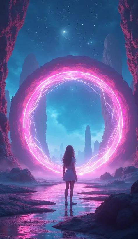 Prompt 1: A surreal scene where a glowing, swirling portal is open in front of a girl in a futuristic, alien-like setting. The portal is vibrant with neon and cosmic hues, appearing to lead to another dimension. The girl, standing nearby, observes the port...