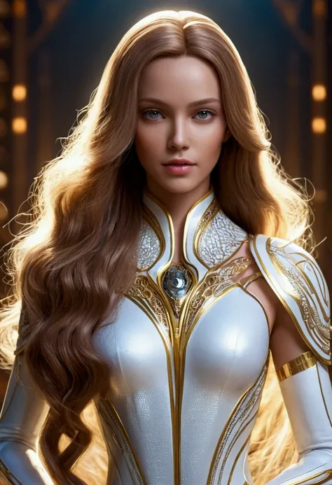  Create an Android woman with a super feminine body, king,long hair and exceptional beauty  