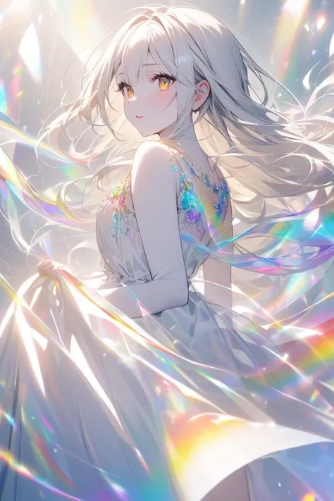 young woman.with white skin and long white hair with rainbow reflections dressed in a long white dress with golden eyes.