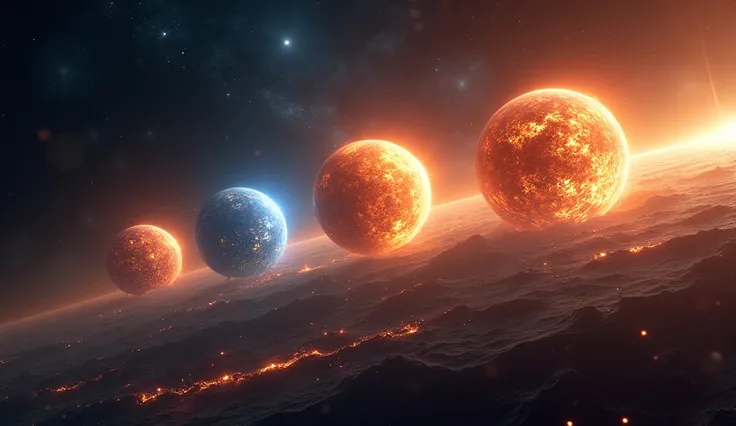 Four majestic planets in a row, each glowing with their own unique aura. The planets are surrounded by cosmic rings and energy fields, with rays of light piercing through the space between them. The scene feels powerful, as if these planets are ready to in...