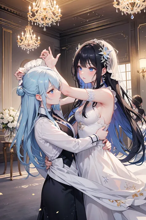 in a ballroom with sparkling chandeliers、一位黑色长发 blue eyes 的少女出现.、 invite another girl to dance 。
The two girls are sisters 。
 Two girls are attracted to each other 。  Both girls have long black hair ， blue eyes 。
 They are all gorgeous brides ，Jewels spark...