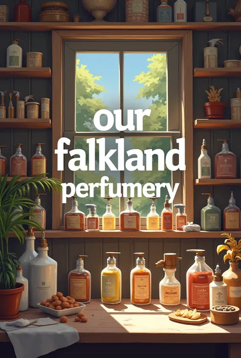 an illustration,  in a place where there is ,  cleaning and perfumery items,  where it is superimposed on top of these , This phrase : "   Our Falkland Perfumery "