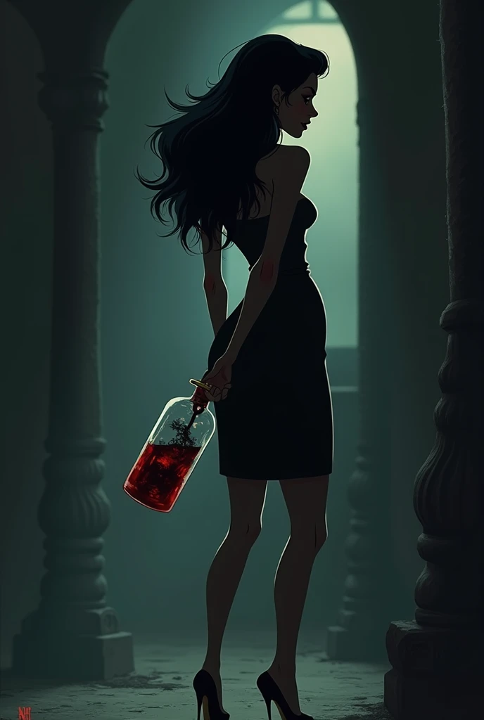 back view of a cartoon woman holding a bottle of poison at her back