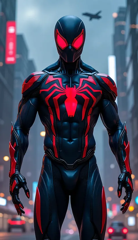 A a blend between mech and organism, a human cyborg hybrid, futuristic superhero with an athletic build, wearing a sleek metallic blue bodysuit that appears almost black in low light. The suit features a bold red spider emblem that spreads across the chest...