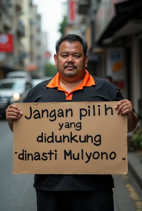 A slightly fat indonesian middle-age daddy, dress in black and orange shirt, standing and holding a large sign with text "Jangan pilih yang didukung dinasti Mulyono", jakarta street view. High Resolution, Masterpiece, Accurate, Award Winning, Best Quality,...