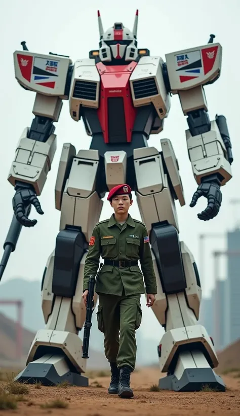 "A South Korean soldier walking forward with a gigantic combat robot inspired by a Transformer trailing behind. The robot is detailed in white, red, and blue with black accents, mirroring the South Korean flags design."