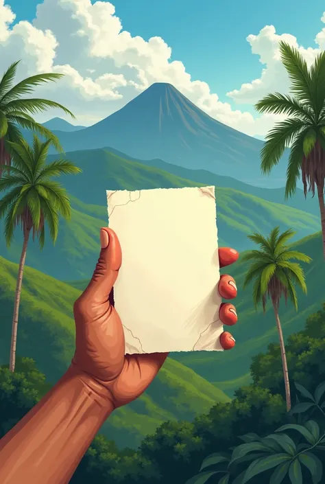 Illustrate to me the hand of a young man holding a paper against the background of a Nicaraguan landscape 
