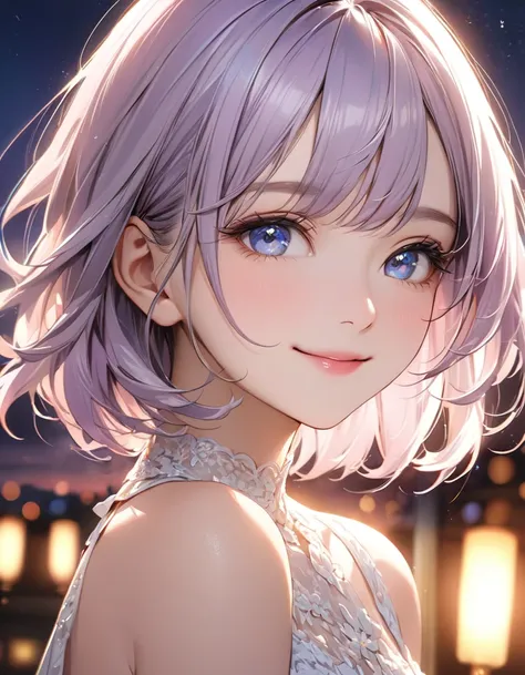 ((best quality)), ((Masterpiece)), (details), 1 woman, small breasts, light purple hair, blue eyes, ((short hair)), smooth , Beautiful face, Beautiful skin, Long eyelashes, Thick eyelashes, realistic,No smile and charming girl, Look happy, Portrait, ใบหน้า...