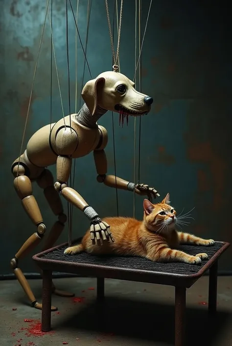 no, Play a puppet dog being manipulated by ropes touching a cat roasting on the grill