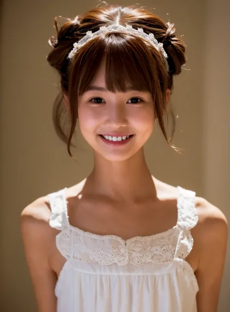 maid,cute pretty girl,masterpiece,high definition,4k,8k,16k,chignon hair,brown hair,skinny,thin body,smile