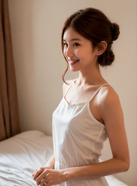 maid,cute pretty girl,masterpiece,high definition,4k,8k,16k,chignon hair,brown hair,skinny,thin body,smile