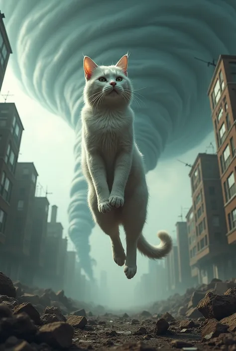 Create a cat that is in the air where in some buildings in the back there is a tornado turning behind it, said buildings are falling apart