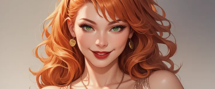 portrait of a beautiful teenager, small breasts, intricate dress, soft smile, red lips, ginger hair, green eyes, realism, digital painting, concept art, smooth, sharp focus, rule of thirds, Style-PsychoScore_9, Score_8_up, Score_7_up, Score_6_up, Score_5_u...