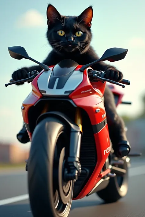  Realistic black cat riding a sports motorcycle, very elegant and happy .