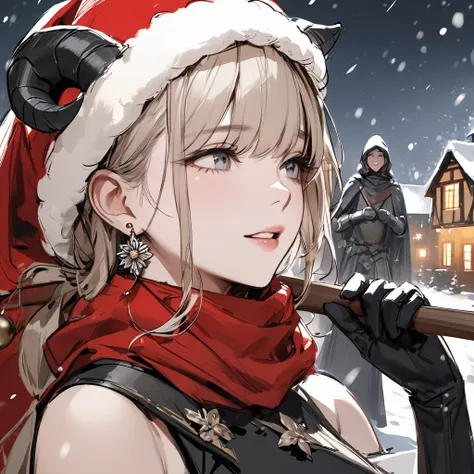 
( best quality, sketch:1.2),Realistic, 1 girl, masterpiece, Noir Dark, art,  Im wearing a zinnia flower holder and earrings、The sheep has horns、 is laughing、Medieval female knight outfit,Shoulders stick out, Christmas season , its snowing,Overlooking,  fa...