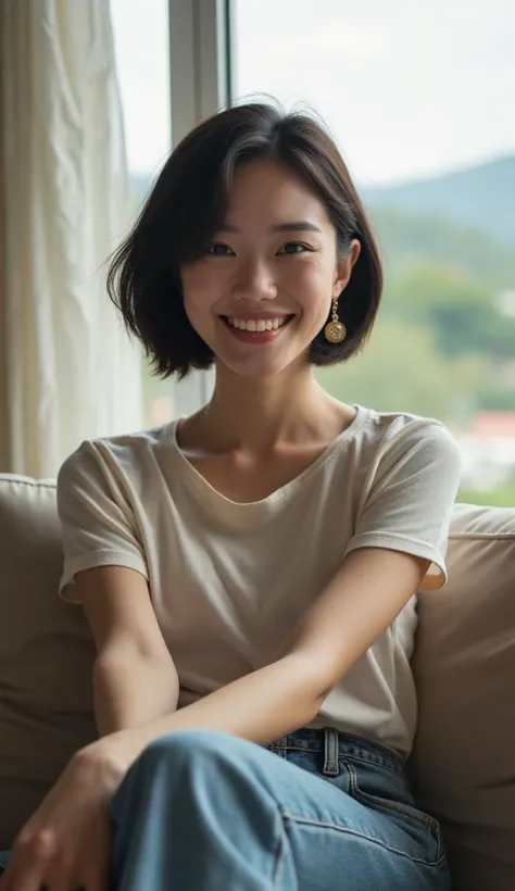  A beautiful Chinese woman with a very temperament，Short hair，A beautiful Chinese woman in trendy casual attire ，Sitting on the sofa leisurely，There is a beautiful landscape in the back，Talking to the camera