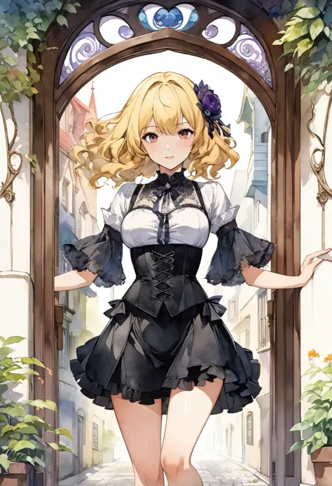 (((nsfw)))、 (((watercolor))), (((gothic))),      tree々Woman standing on a street surrounded by   、 A fascinating scene  ,      Decorate with hair accessories      、        pose is medium length       ,            wavy blonde hair    ..。.。Super mini skirt w...