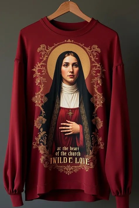 Create a burgundy red blouse with the image of Saint Terezinha with the following phrase at the heart of the church I will be love 