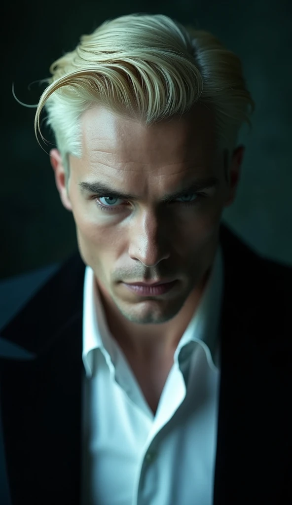 Medium and close-up shots，The vampire man looked down and sneered at the center of the picture， pale skin ， looks like movie star Henry Cavill ， golden eyebrows ， the short platinum blonde being neatly brushed backwards ， blond hair ， deep blue-eyed ，cold-...