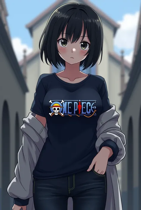 anime,  Beautiful woman,  beautiful body ,  short black hair ,  shiny black eyes, dull face ,  navy blue t-shirt with print of "One piece", dark blue jeans ,  sweater with holes in wool ,  like a priest , church in the background. 