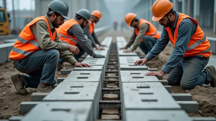 Construction men commercial hollow block installing