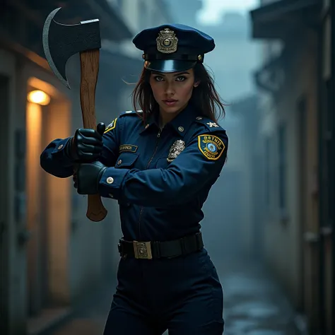 Police girl with an ax