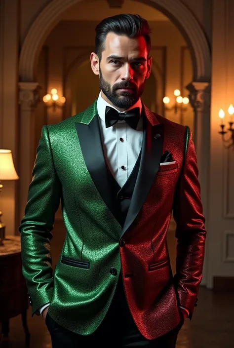 A handsome, elegant man with a well-built body, with hair cut back and a stylized beard, wears a glitter suit, the left side is green and the right side is red. In the background is a room illuminated by half-lit lamps with a Roman arch in the background. ...