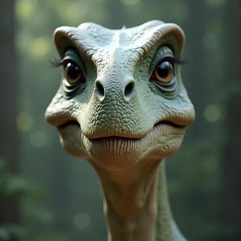 “An extremely detailed close-up of a Brachiosauruss face, with a calm, majestic expression that reflects its peaceful, herbivorous nature. The focus is on its elongated head, with nostrils positioned at the top and large expressive eyes that emanate curios...