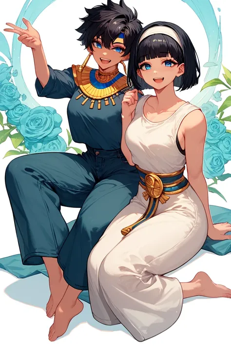 1 woman, blue eyes, short black pixie style hair, white headband,Black hair,Anime style, dark blueblue womens,dark blue big pants,Smiling, happy, sexy ,Curvy body, golden details, barefoot,Egyptian style,4k
