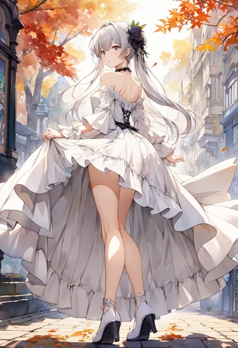 (((nsfw)))、 (((watercolor))), (((gothic))),      tree々Woman standing on a street surrounded by   、 A fascinating scene  ,      Decorate with hair accessories      、        pose is medium length       ,         Straight silver hair  ..。.。Super mini skirt wi...