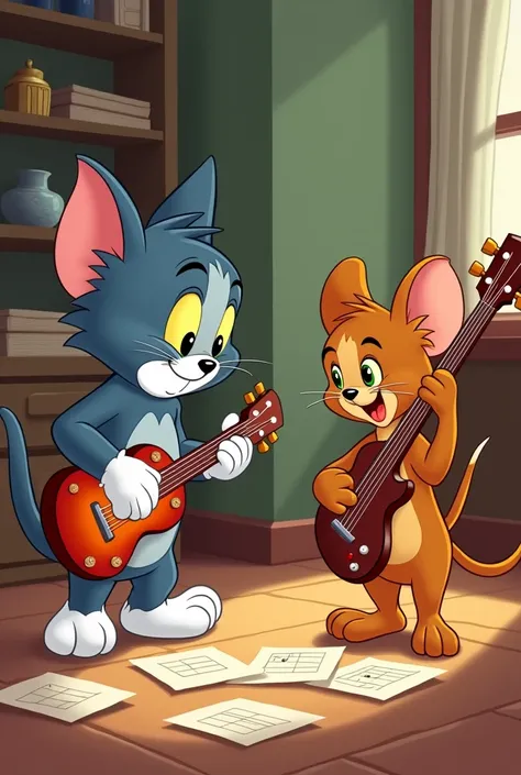 Tom and Jerry are both in the house playing their guitars in 2d