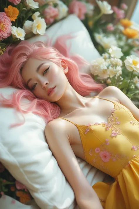 a girl with a slim build and very small, ribs marked ,  flat breasts ,  white skin , Fine Asian features of pink hair, lying down,  with lots of flowers around them, with a yellow dress,  flirty look