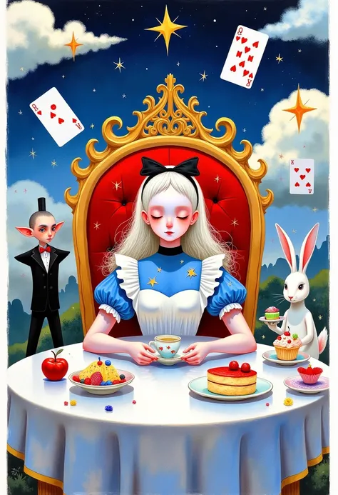   by the beautiful young woman Alice in Wonderland  ,   sitting on the red throne at the table with a mug in one hand and a saucer in the other,   white hair с чёрным ободком и бантом на голове,   closed eyes, different cakes on the table  ,   next to her ...