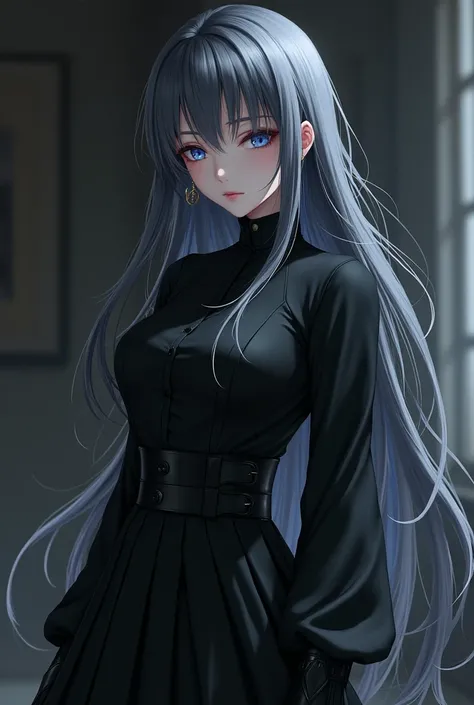 Fantasy anime style, adult woman, long dark gray hair , side bangs,blue eyes, black shirt with long sleeves and with high collar,Black skirt, long boots ,long earrings