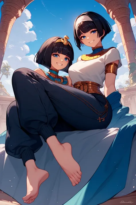 woman, blue eyes, short black pixie style hair, white headband,Black hair,Anime style, dark blueblue women,dark blue big pants,Smiling, happy, sexy ,Curvy body, golden details, barefoot,Egyptian style,4k
