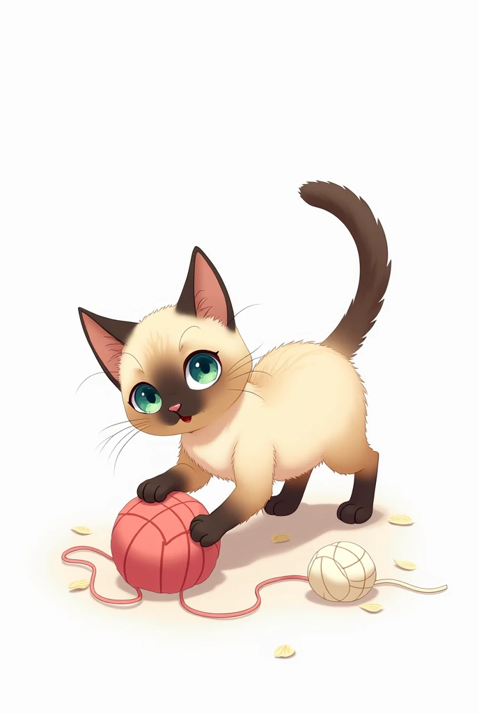 Create a drawing of a Siamew kitten with beige and blue eyes playing with a ball of wool. Anime style with white background 