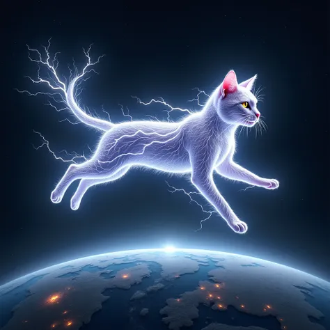 A cat born of electricity flies over the planet