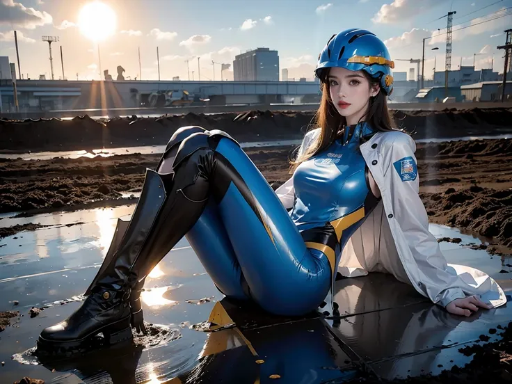  highest image quality , Highlight details, super high resolution, ( realistic : 1.4),  best illustration , Favor details, Highly concentrated Anne Hathaway, Pretty face,  full  , long legs, wearing a blue all-pack bright one-piece gelcoat mecha,Wearing a ...