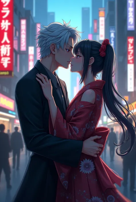 Satoru Gojo y kamado nezuko besandose en una calle  high resolution,   high resolution, 