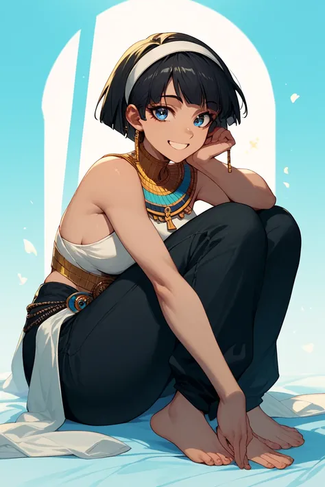 1woman, blue eyes, short black pixie style hair, white headband,Black hair,Anime style,dark blue big pants,Smiling, happy, sexy ,Curvy body,Egyptian style, golden details, barefootEgyptian style, golden details, barefoot
