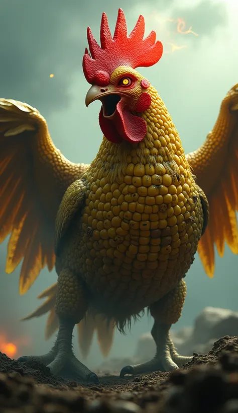 Mutant hybrid of a radioactive corn cob shaped like an angry and roaring rooster 